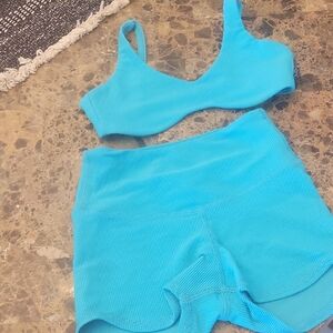 Vibrant Blue Ribbed Sports Bra and Shorts Set